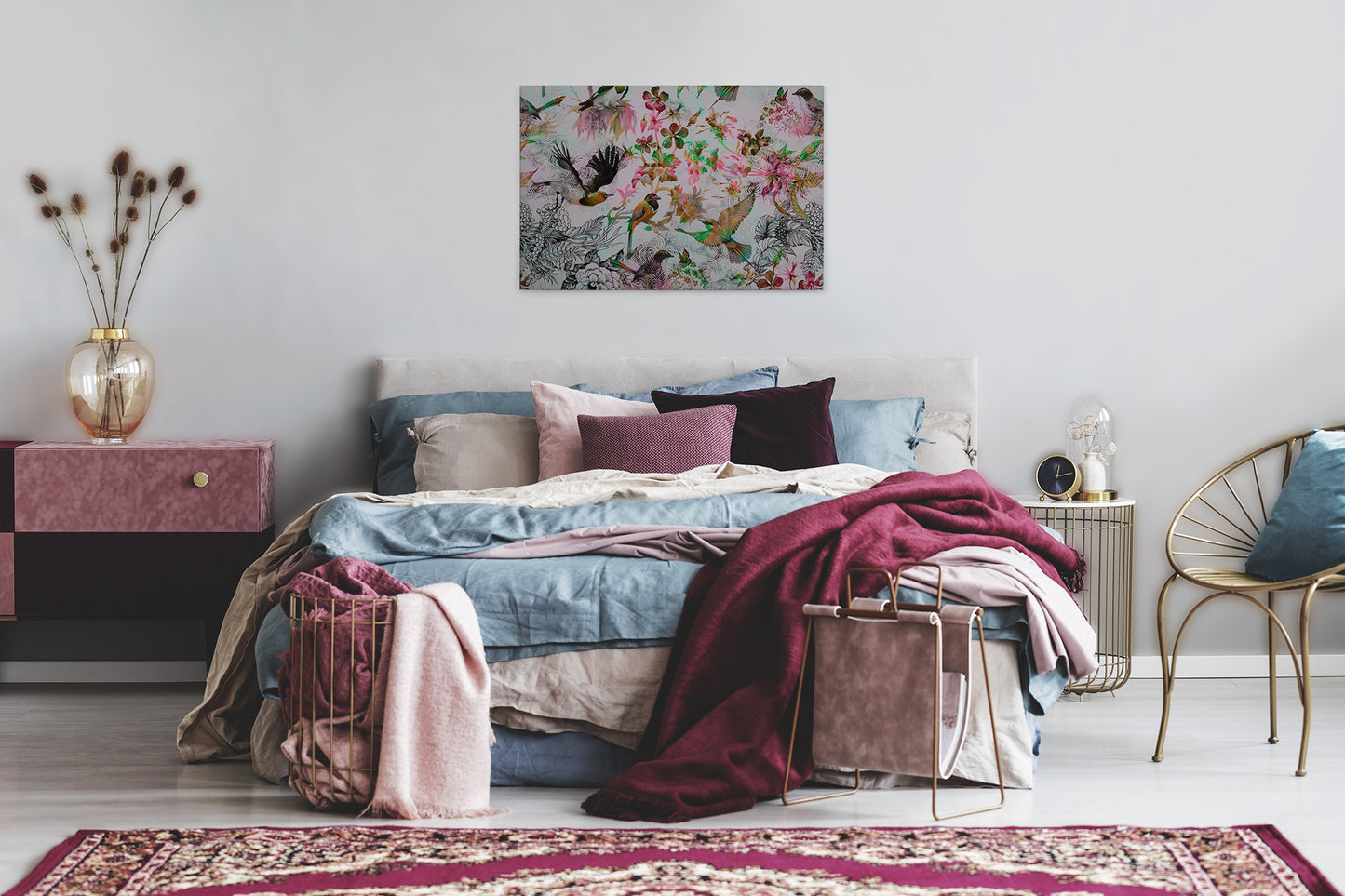 Vögel Leinwandbild Grau Rosa Grün 90x60 DD120343 Keilrahmen Wandbild Leinwand