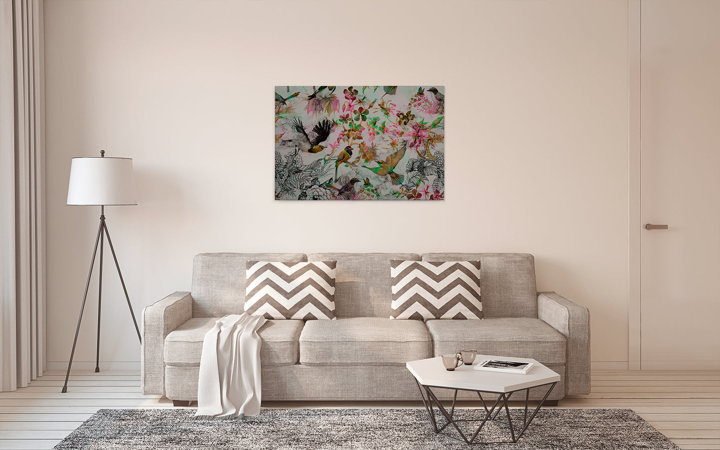 Vögel Leinwandbild Grau Rosa Grün 90x60 DD120343 Keilrahmen Wandbild Leinwand