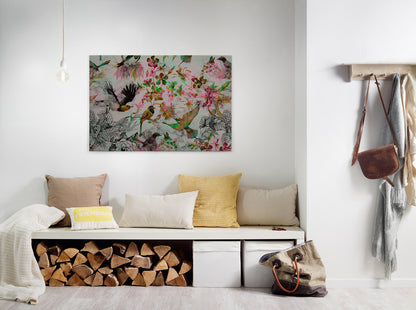 Vögel Leinwandbild Grau Rosa Grün 90x60 DD120343 Keilrahmen Wandbild Leinwand