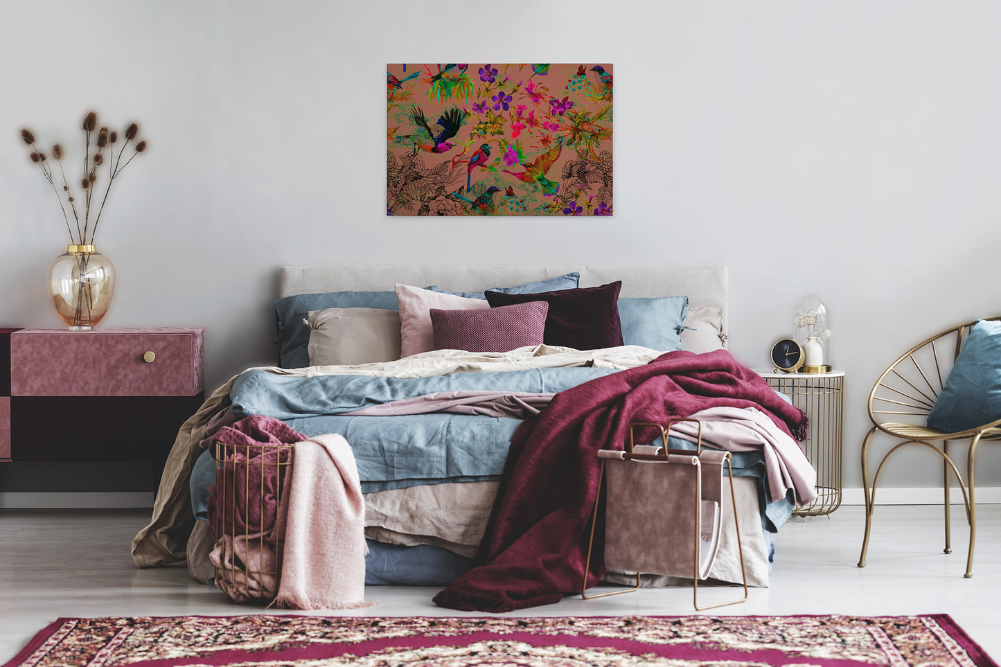 Vögel Leinwandbild 90x60 DD120345 Keilrahmenbild Wandbild Orange Grün Leinwand