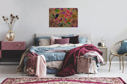 Vögel Leinwandbild 90x60 DD120345 Keilrahmenbild Wandbild Orange Grün Leinwand