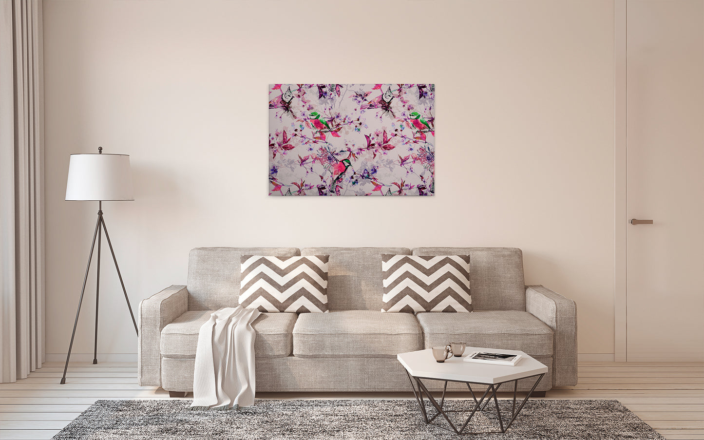 Vögel Leinwandbild Rosa Blau 90x60 DD120350 Keilrahmenbild Wandbild Leinwand