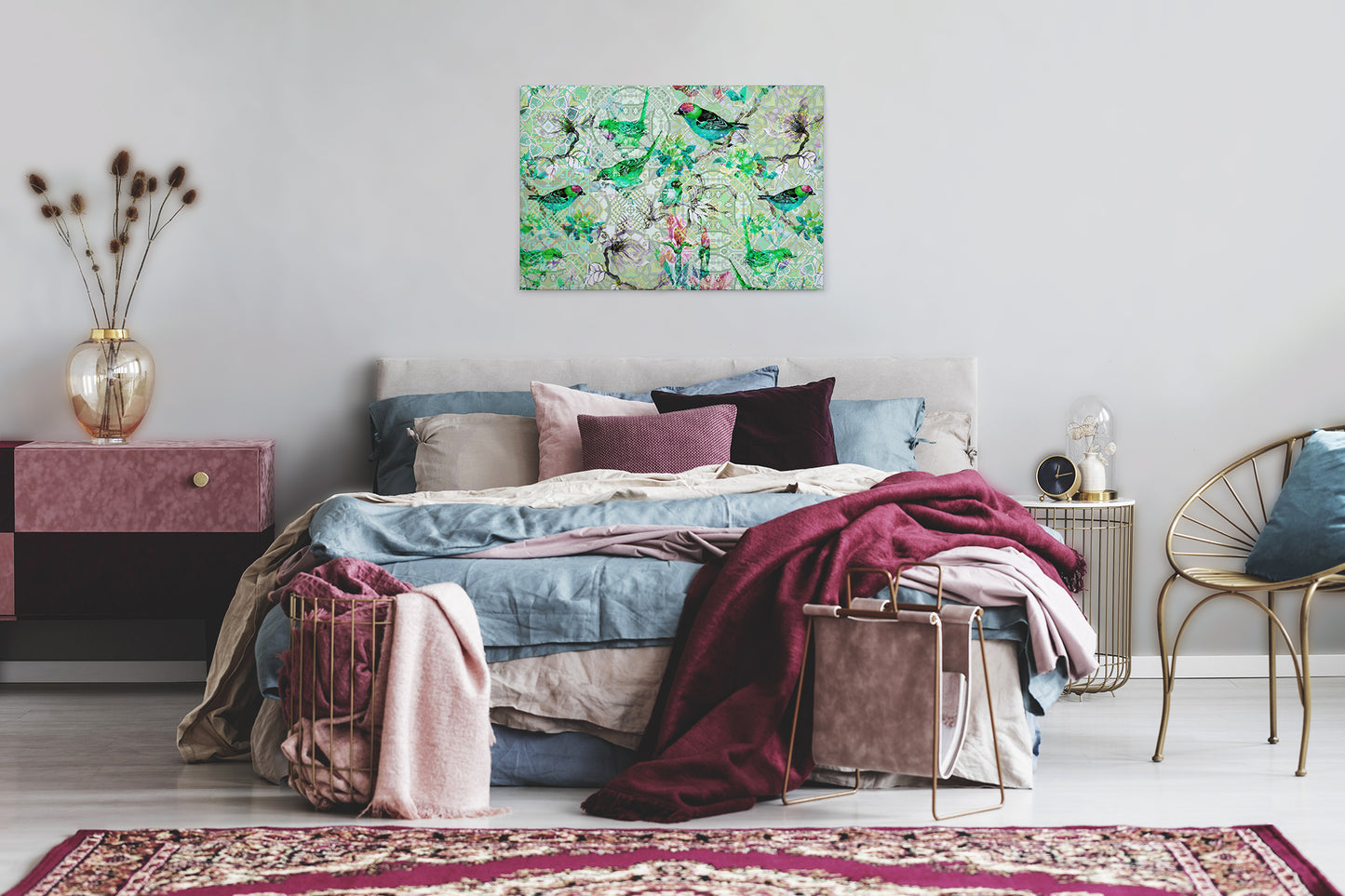 Leinwandbild Vögel Grün Grau Rosa 90x60 DD120352 Keilrahmen Wandbild Leinwand