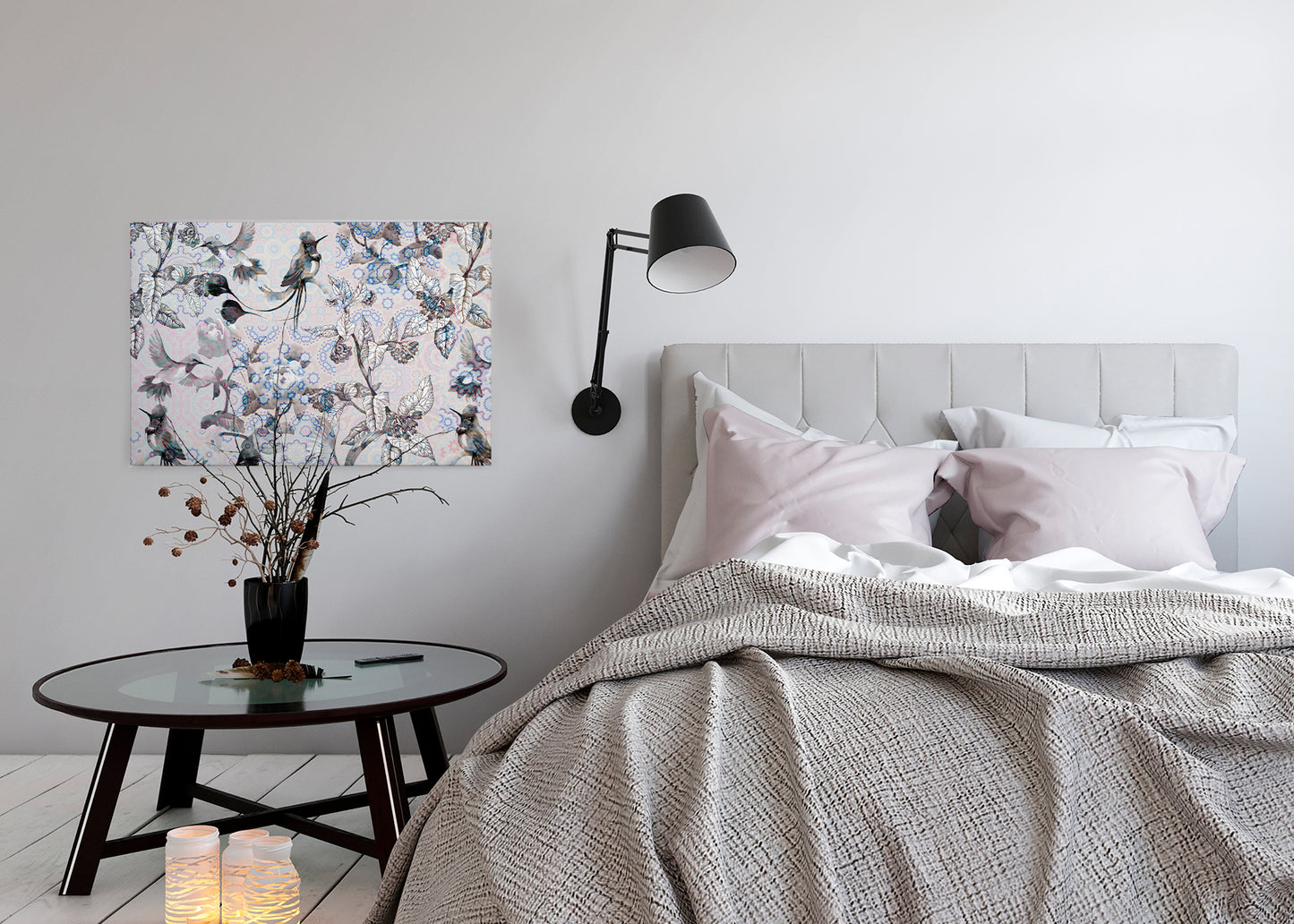 Leinwandbild Vögel Blumen Grau Weiß 90x60 DD120355 Keilrahmen Wandbild Leinwand