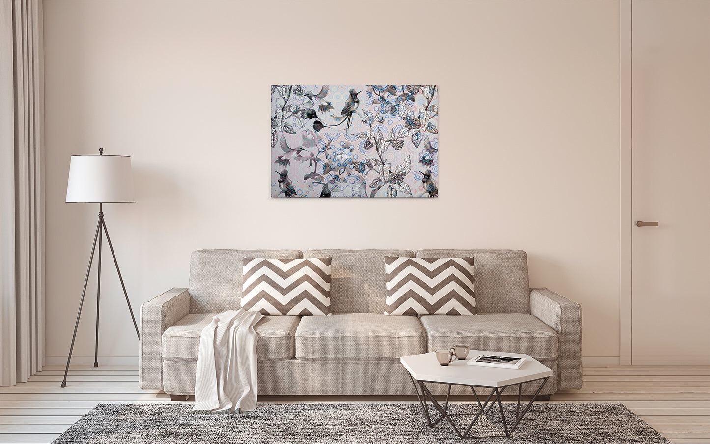 Leinwandbild Vögel Blumen Grau Weiß 90x60 DD120355 Keilrahmen Wandbild Leinwand