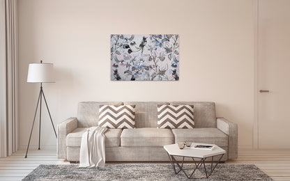 Leinwandbild Vögel Blumen Grau Weiß 90x60 DD120355 Keilrahmen Wandbild Leinwand