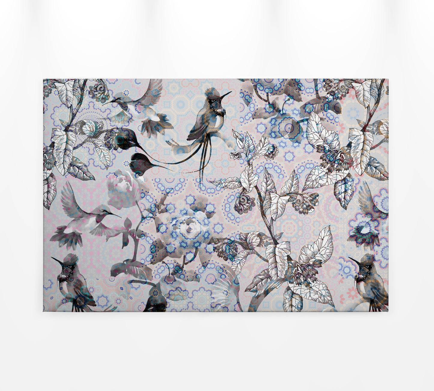 Leinwandbild Vögel Blumen Grau Weiß 90x60 DD120355 Keilrahmen Wandbild Leinwand