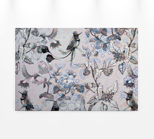 Leinwandbild Vögel Blumen Grau Weiß 90x60 DD120355 Keilrahmen Wandbild Leinwand