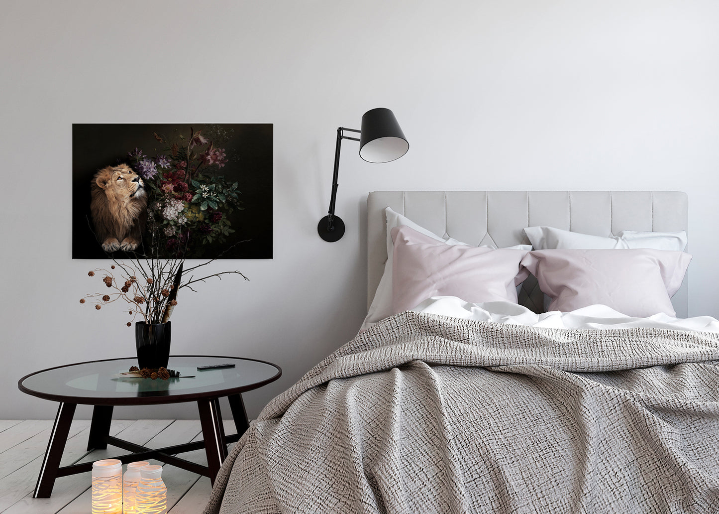 Leinwandbild Löwe Blumen Schwarz Beige 90x60 DD120388 Keilrahmen Wandbild Rot