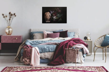 Leinwandbild Löwe Blumen Schwarz Beige 90x60 DD120388 Keilrahmen Wandbild Rot