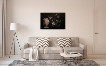 Leinwandbild Löwe Blumen Schwarz Beige 90x60 DD120388 Keilrahmen Wandbild Rot