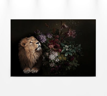Leinwandbild Löwe Blumen Schwarz Beige 90x60 DD120388 Keilrahmen Wandbild Rot