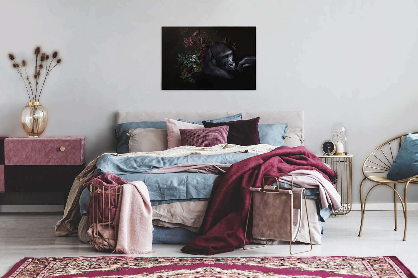 Leinwandbild Gorilla Floral Schwarz Grau Rot 90x60 DD120389 Keilrahmen Wandbild