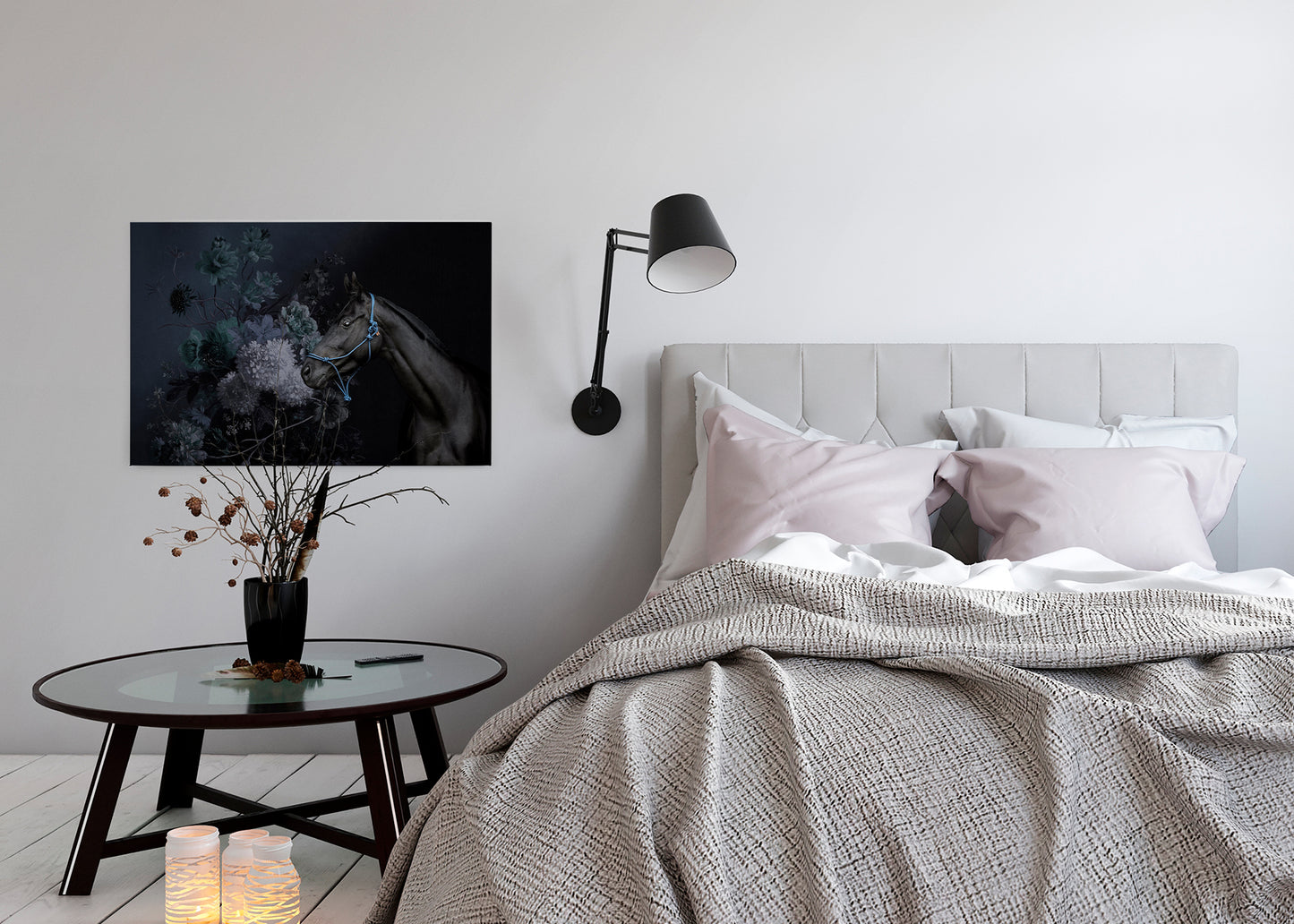 Leinwandbild Blumen Pferd Blau Schwarz Grau  90x60 DD120391 Keilrahmen Wandbild