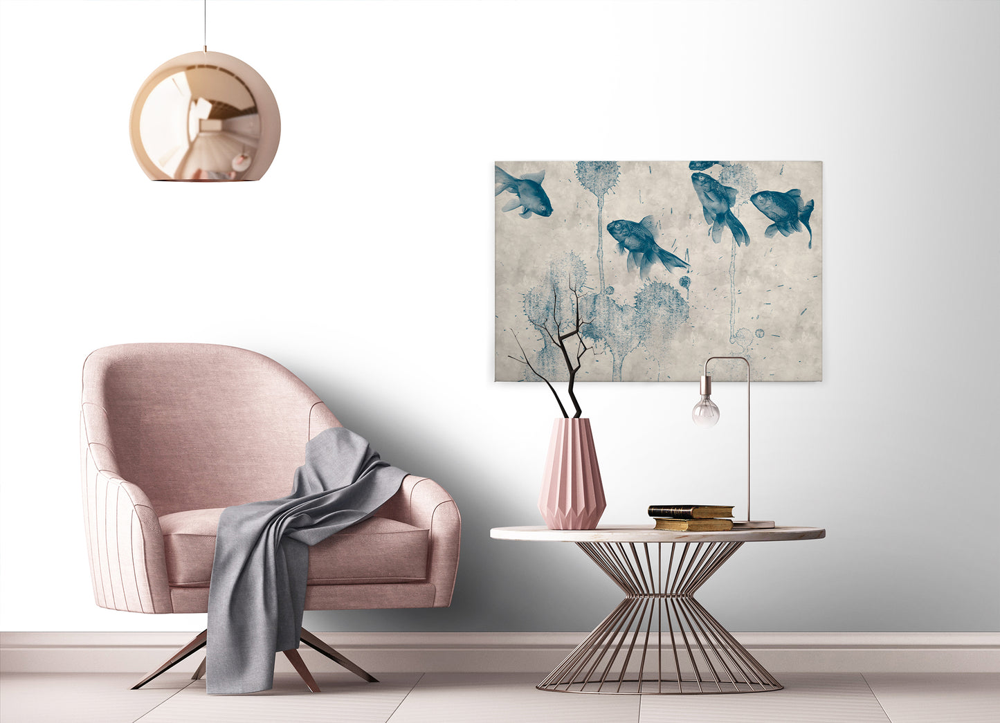 Fische Leinwandbild Blau Beige Grau 90x60 DD120404 Keilrahmen Wandbild Leinwand