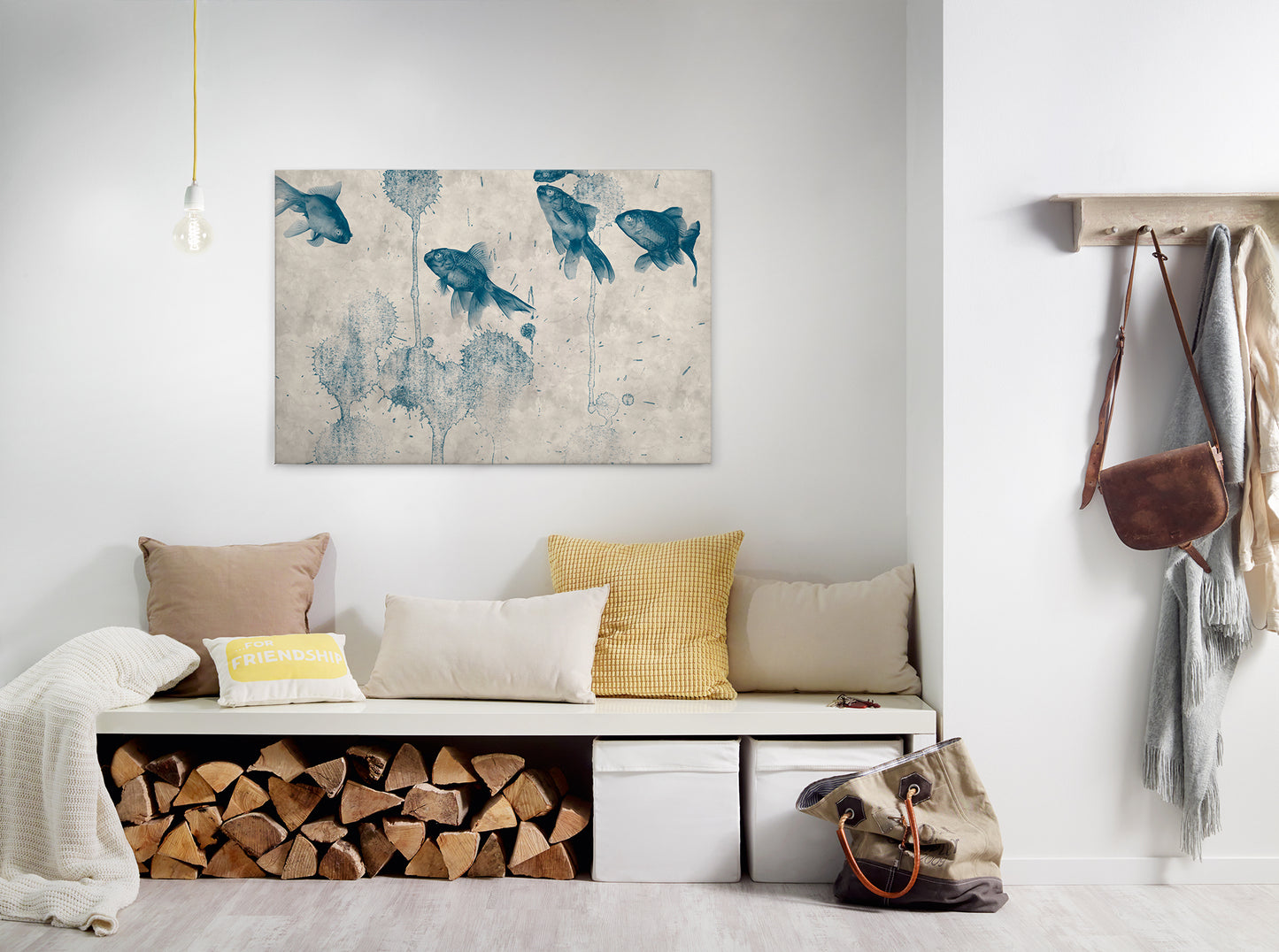 Fische Leinwandbild Blau Beige Grau 90x60 DD120404 Keilrahmen Wandbild Leinwand