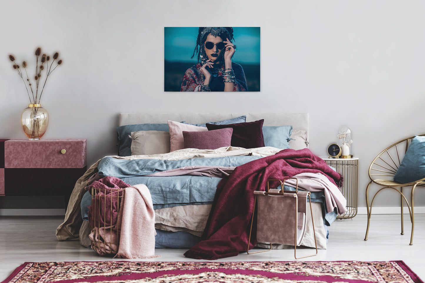 Leinwandbild Frau Blau Beige 90x60 DD120416 Keilrahmen Wandbild Leinwand
