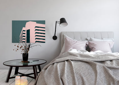 Leinwandbild Haus Rosa Grün 90x60 DD120431 Keilrahmenbild Wandbild Geometrisch