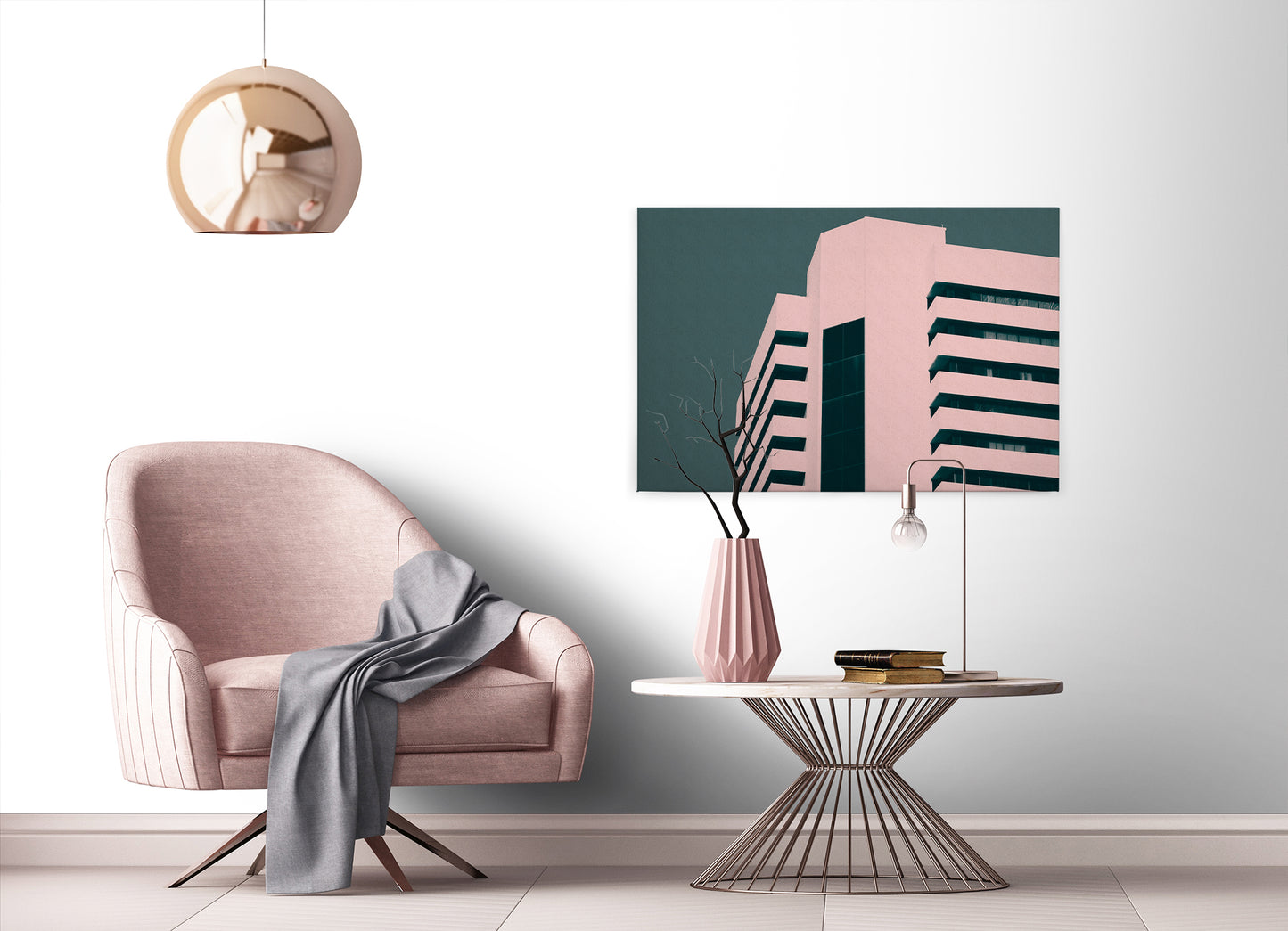 Leinwandbild Haus Rosa Grün 90x60 DD120431 Keilrahmenbild Wandbild Geometrisch
