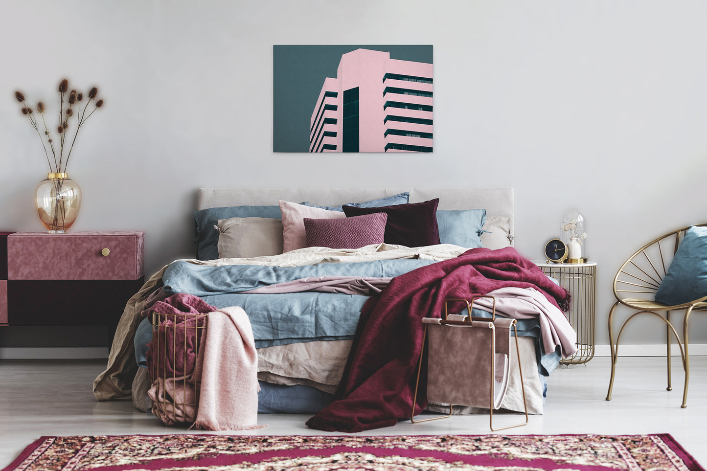 Leinwandbild Haus Rosa Grün 90x60 DD120431 Keilrahmenbild Wandbild Geometrisch