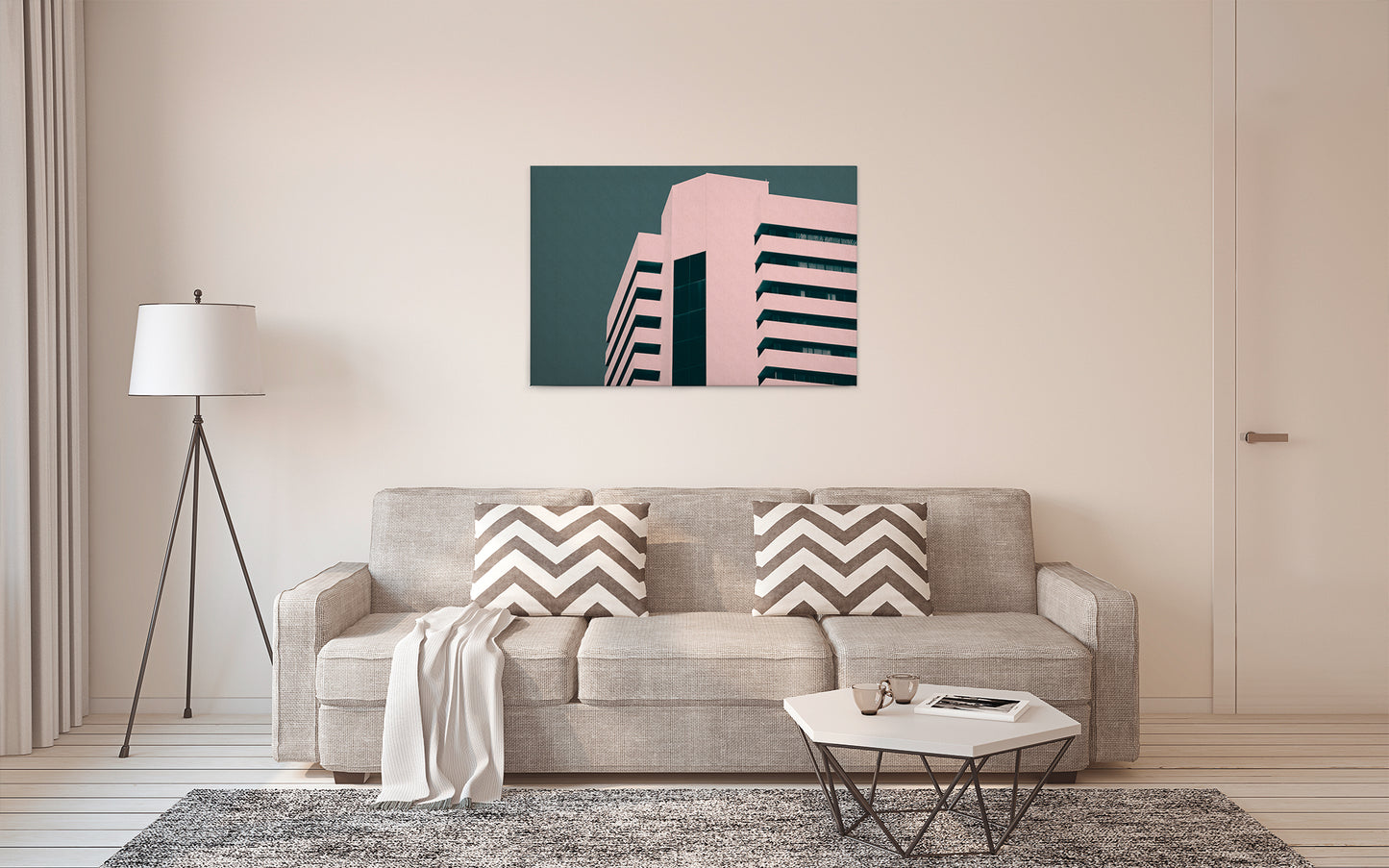 Leinwandbild Haus Rosa Grün 90x60 DD120431 Keilrahmenbild Wandbild Geometrisch