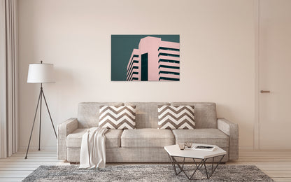 Leinwandbild Haus Rosa Grün 90x60 DD120431 Keilrahmenbild Wandbild Geometrisch