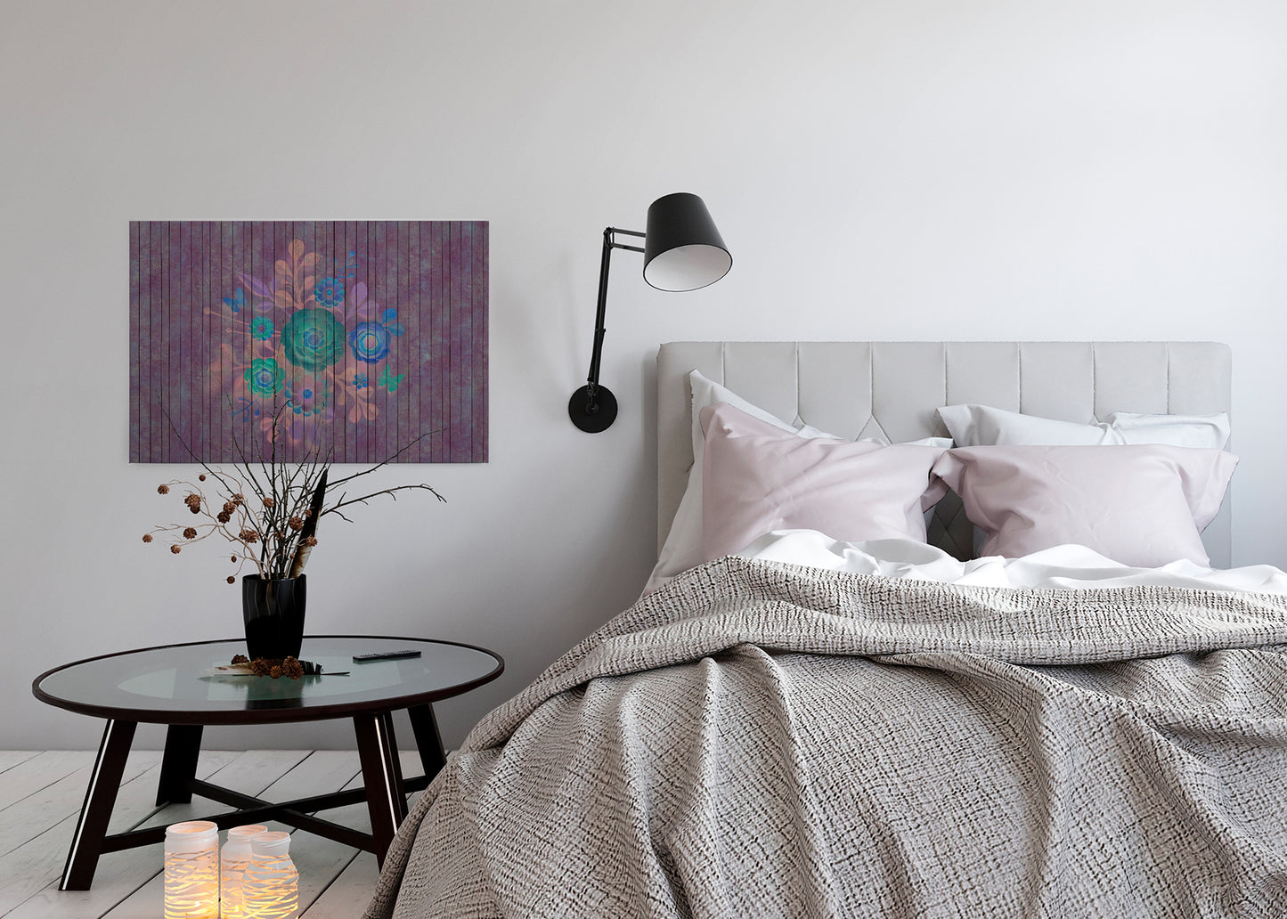 Leinwandbild Blumen Lila Blau Grün 90x60 DD120435 Keilrahmen Wandbild Leinwand