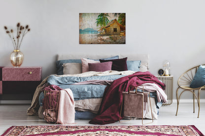 Leinwandbild Strandhütte Braun Beige Grün 90x60 DD120455 Keilrahmenbild Wandbild