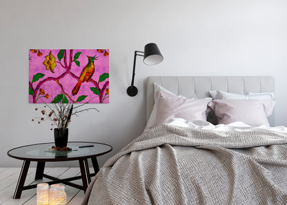 Leinwandbild Vogel Rosa Grün Gelb 90x60 DD120469 Keilrahmen Wandbild Leinwand