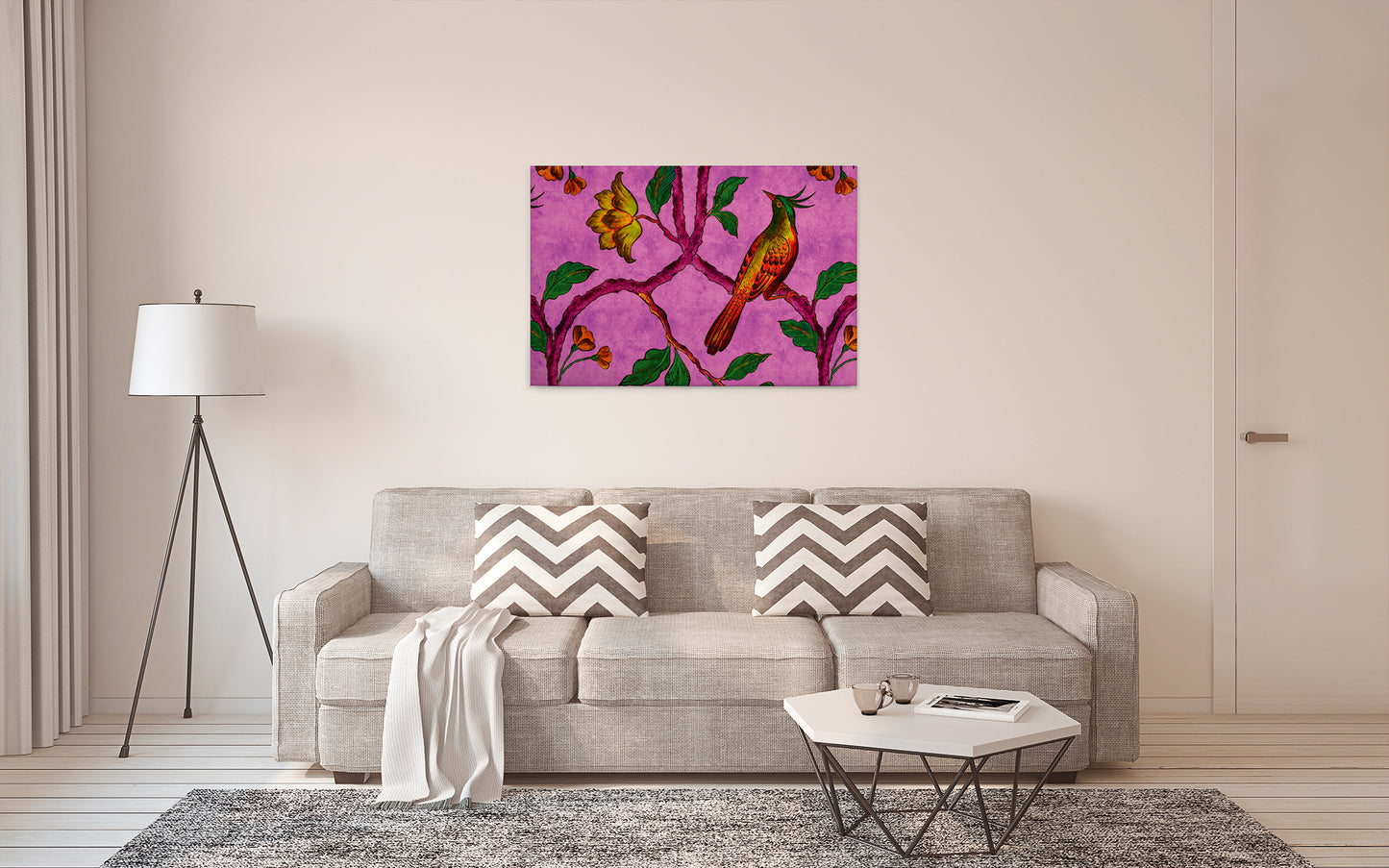 Leinwandbild Vogel Rosa Grün Gelb 90x60 DD120469 Keilrahmen Wandbild Leinwand