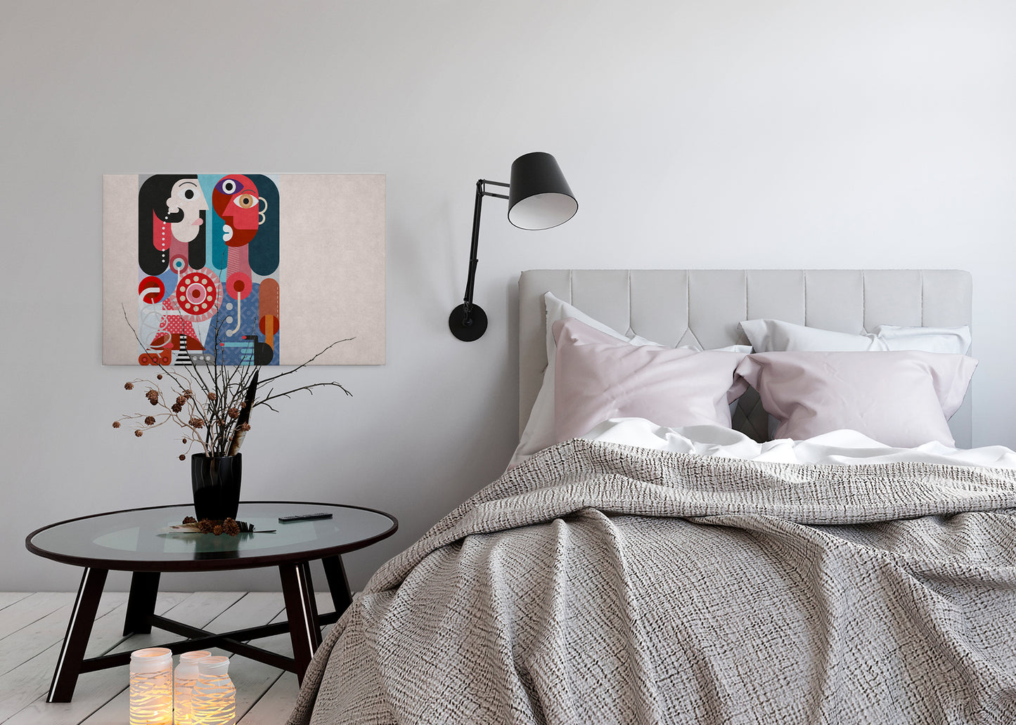 Abstrakte Kunst Leinwandbild Grau Rot Blau 90x60 DD120472 Wandbild Leinwand