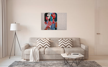 Abstrakte Kunst Leinwandbild Grau Rot Blau 90x60 DD120472 Wandbild Leinwand