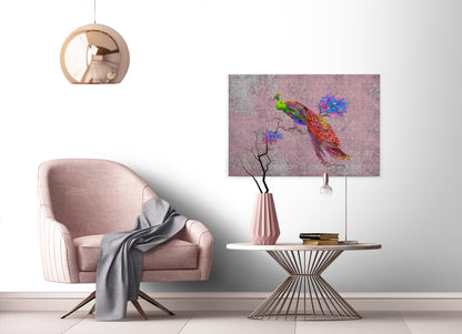 Vogelstrauß Leinwandbild Rosa Rot Blau 90x60 DD120498 Keilrahmenbild Wandbild