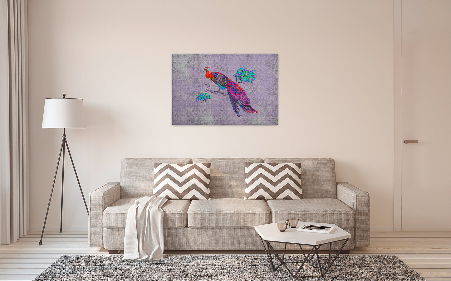 Vogelstrauß Leinwandbild Lila Rot Blau 90x60 DD120499 Keilrahmenbild Wandbild