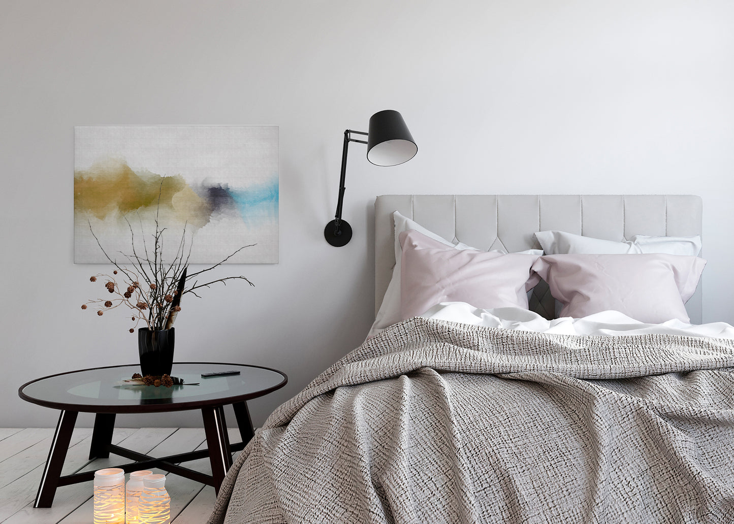 Abstrakte Kunst Leinwandbild Gelb Grau Blau 90x60 DD120502 Wandbild Leinwand