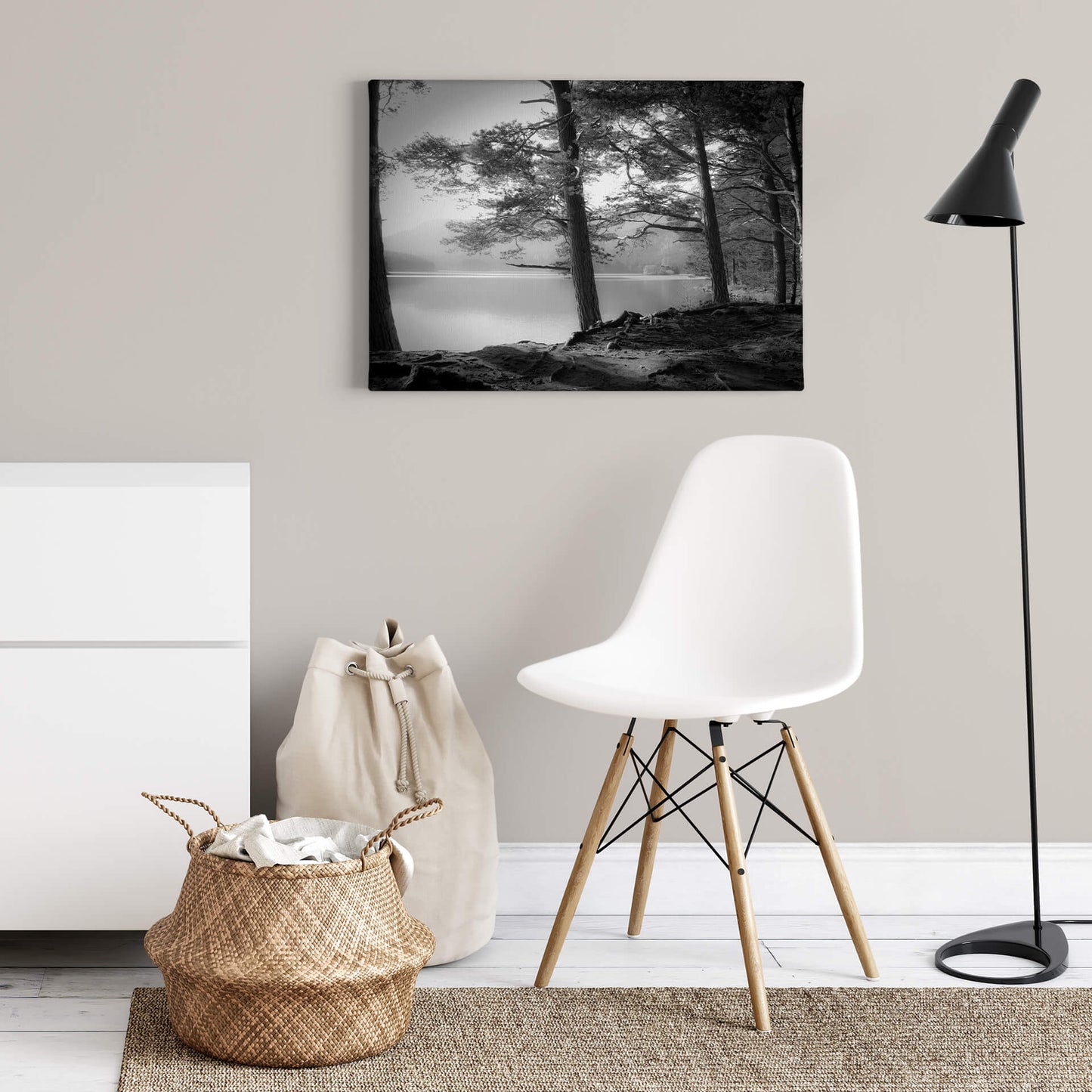 Leinwandbild See Wald Weiß Schwarz 70x50cm DD123021 Keilrahmen Wandbild Leinwand