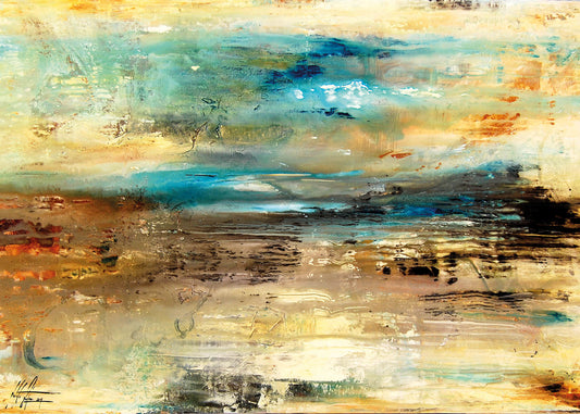 Abstrakte Kunst Leinwandbild Blau Beige Malerei 70x50 DD123072 Wandbild Leinwand