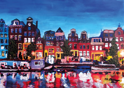 Kunst Leinwandbild Amsterdam Blau Rot Orange 70x50 DD123078 Wandbild Leinwand