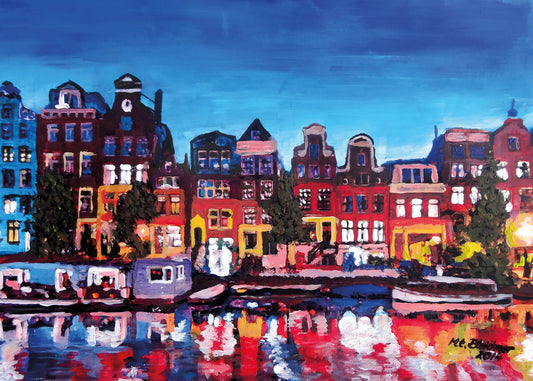 Kunst Leinwandbild Amsterdam Blau Rot Orange 70x50 DD123078 Wandbild Leinwand