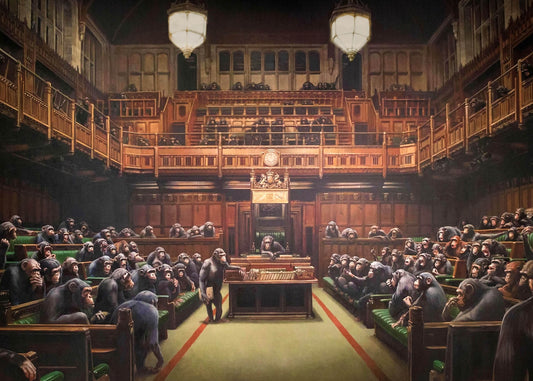 Leinwandbild Banksy Affen im Gericht Braun 70x50 DD123081 Keilrahmen Wandbild