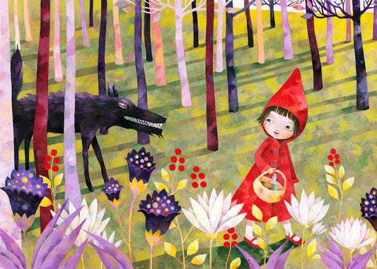 Leinwandbild Rotkäppchen Braun Beige Rot Kinder 70x50 DD123104 Wandbild Märchen