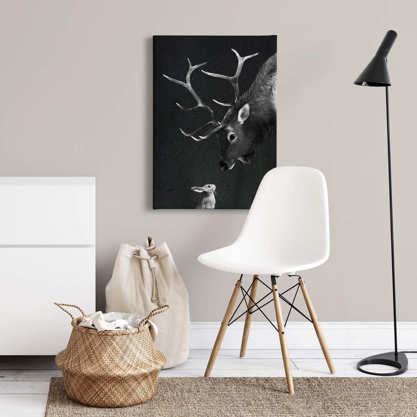 Leinwandbild Wildtiere Schwarz Weiß 50x70 DD123174 Wandbild Leinwand Reh Hase