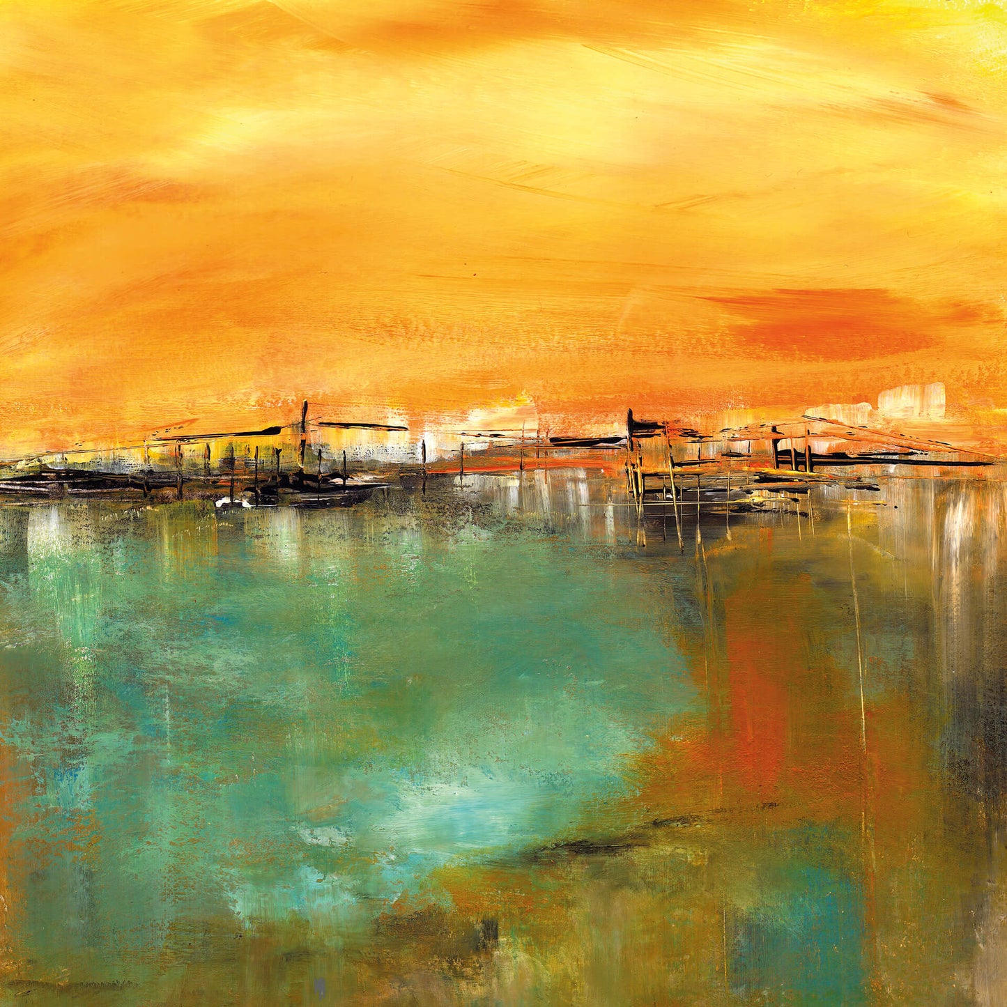 Abstrakte Kunst Leinwandbild Gelb Grün Orange 50x50 DD123308 Wandbild Leinwand