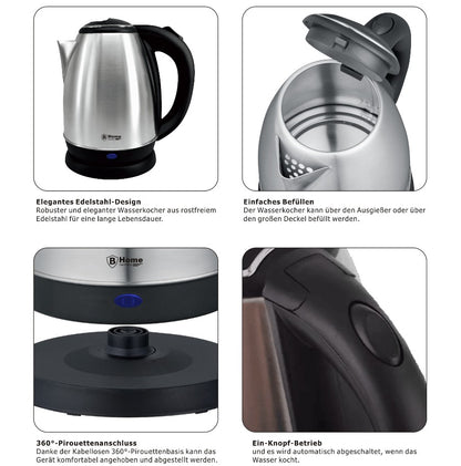 Edelstahl Wasserkocher 1,8L kabellos 1500W Tee Wasser Kocher schnurlos