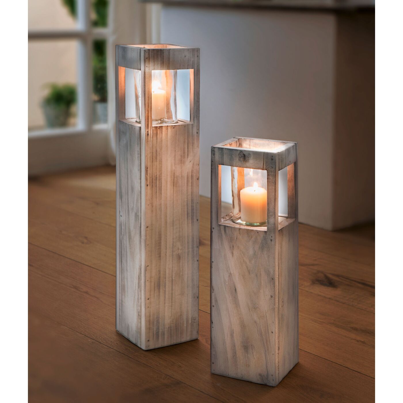 2tlg. Set Shabby Holz Windlicht 70 / 50cm Säule Bodenwindlicht Deko Kerzenhalter