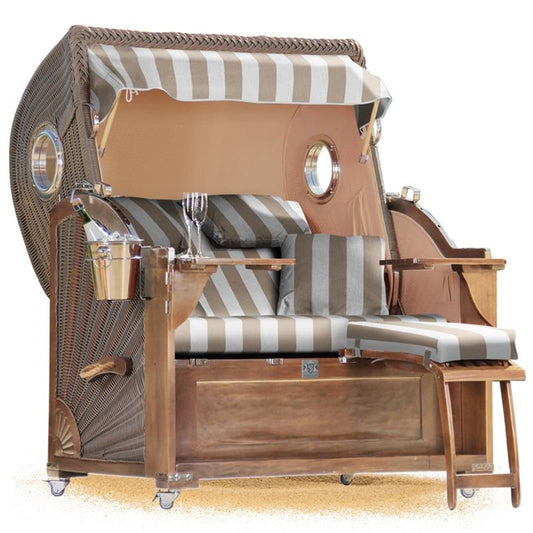 XXL Premium Strandkorb Hanse Koloss Mahagoni Polyrattan 2,5 Sitzer Bullauge Karo