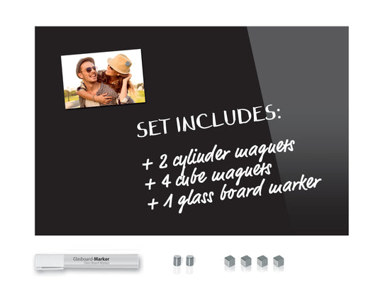 Be!Board SY488 Glas-Magnettafel schwarz 60x40 cm + 6 Magnete + 1 weißer Stift