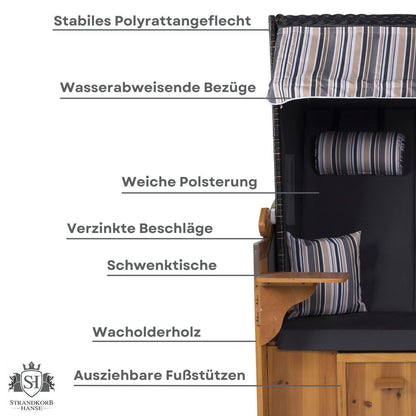 XXL Premium Strandkorb Royal Vollholz Polyrattan 2-Sitzer Holz Uni Anthrazit