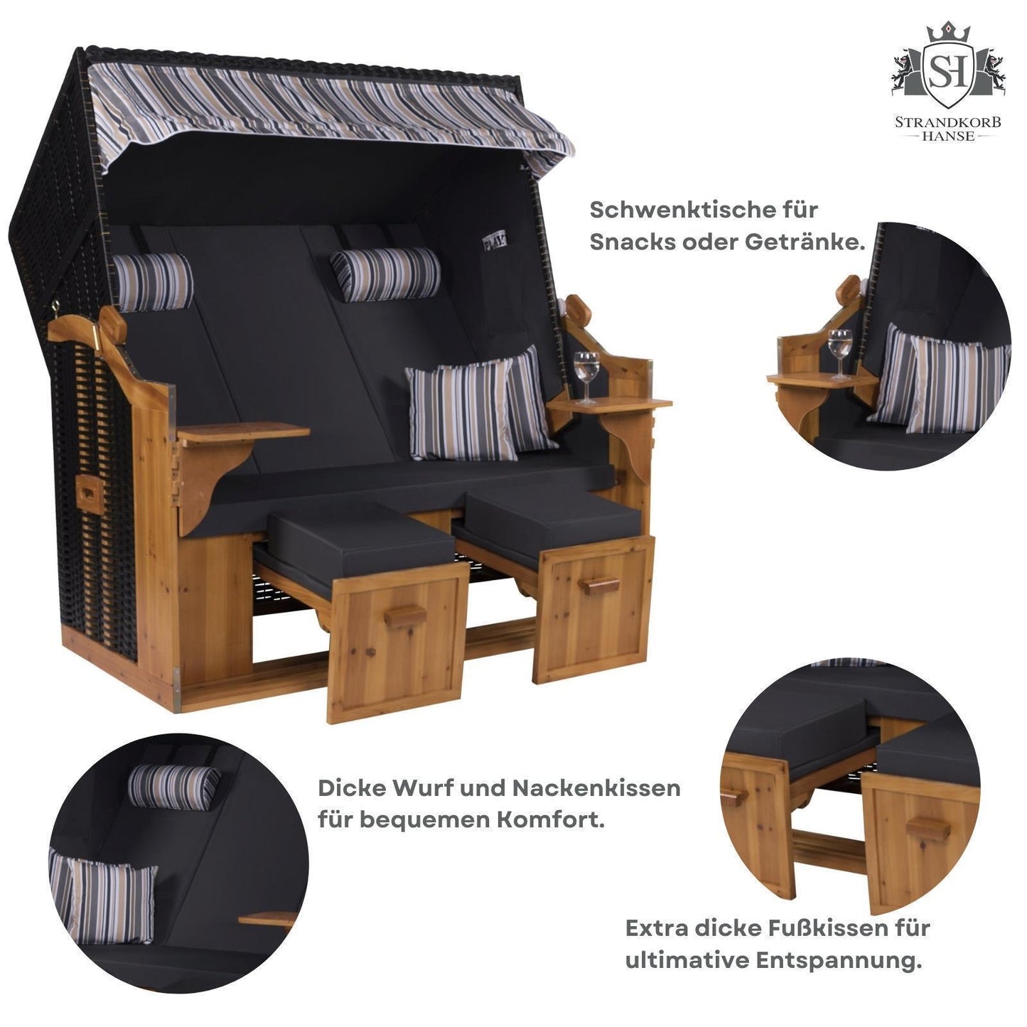 XXL Premium Strandkorb Royal Vollholz Polyrattan 2-Sitzer Holz Uni Anthrazit