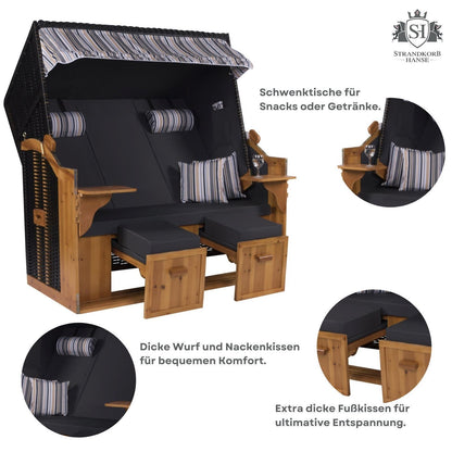 XXL Premium Strandkorb Royal Vollholz Polyrattan 2-Sitzer Holz Uni Anthrazit